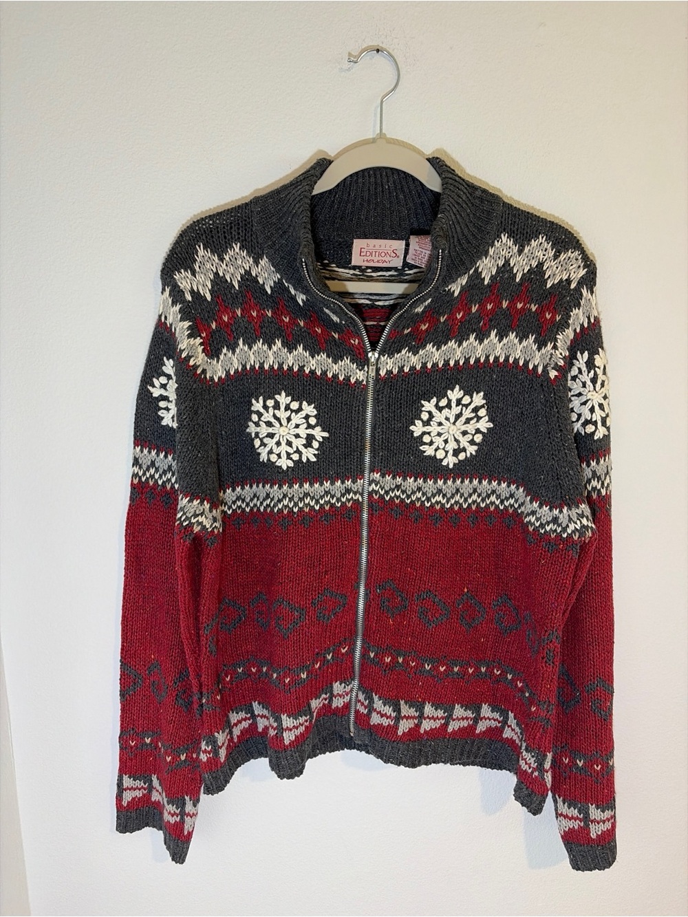 Vtg Basic Editions Sweater XL Holiday Snowflake Zip Ramie Wool Fair Isle Xmas